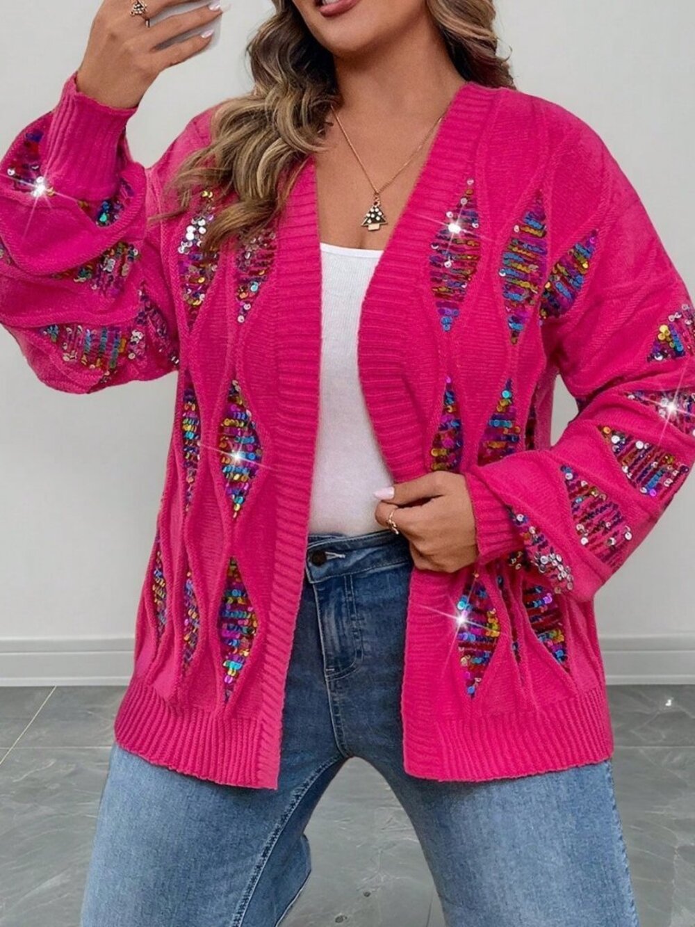 Hot Pink Casual Women's Plus Size Sequin Loose Knit Cardigan